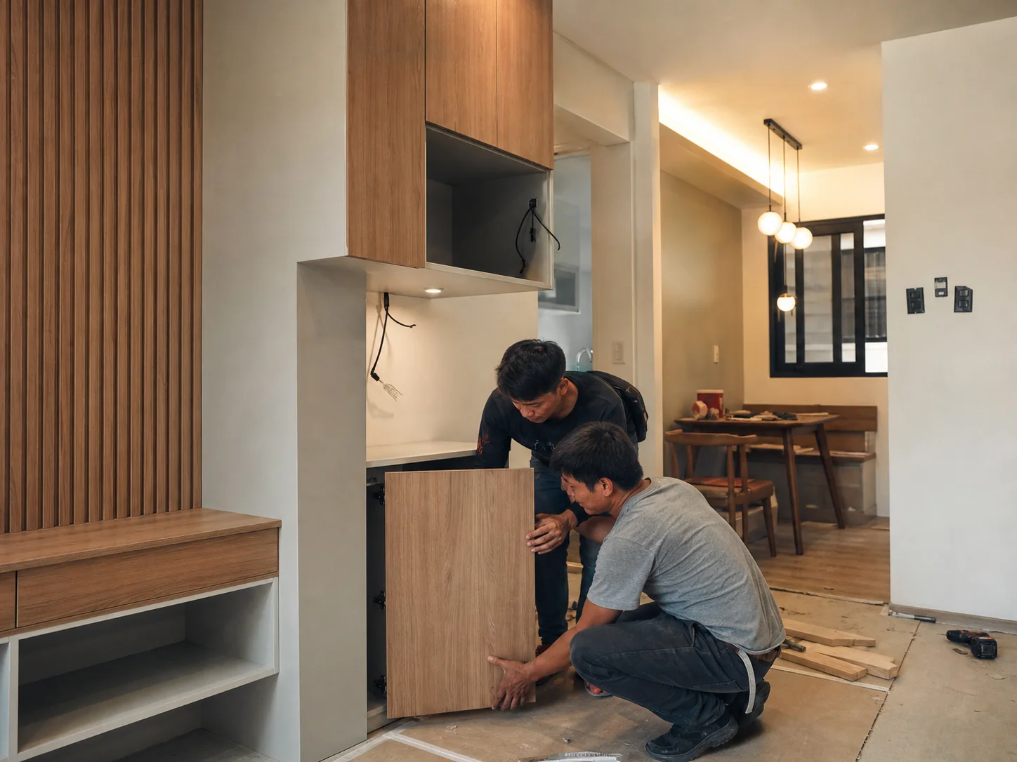 Craftspeople fitting custom cabinetry in a finished interior